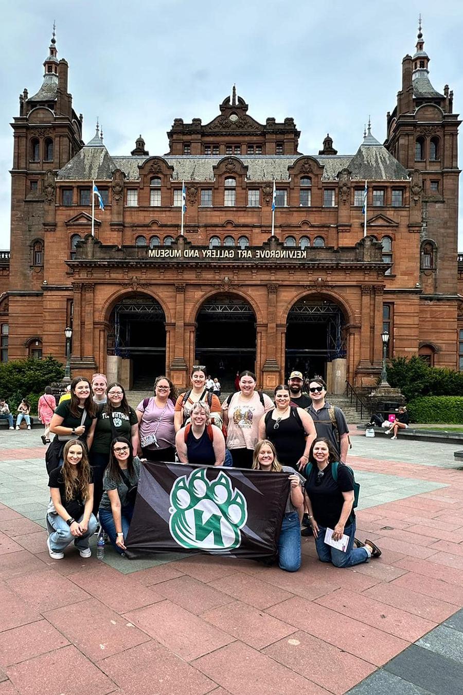 Northwest students posed for a photo in front of the Kelvingrove Art Gallery and Museum in Glasgow, Scotland, during their study abroad experience to the region last spring. 